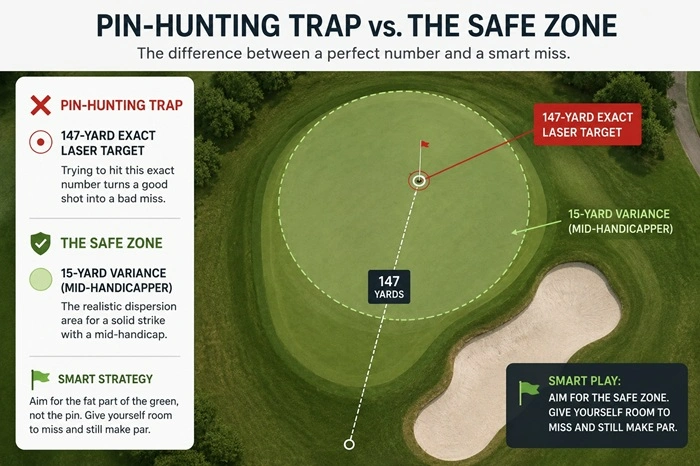 A diagram contrasting a precise 147-yard rangefinder target with a realistic 15-yard shot variance zone on a golf green.