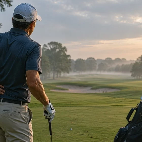 A golfer standing on a quiet golf course holding his lower back with one hand while looking toward the fairway,